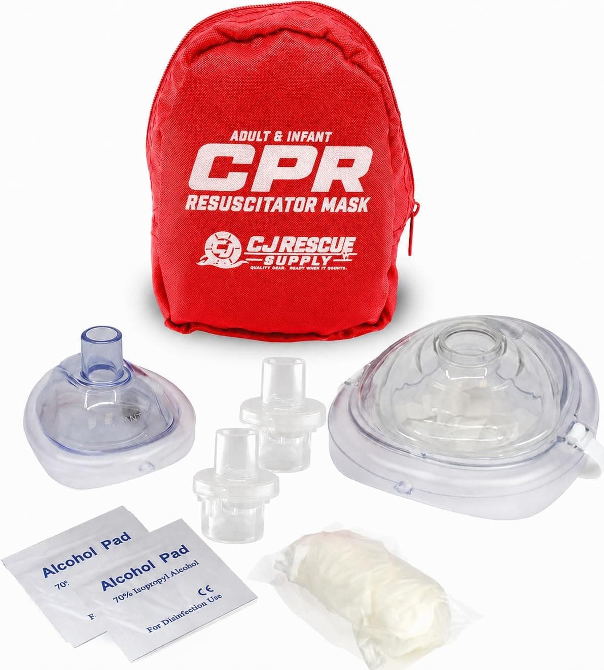 CJ Rescue Supply adult and infant CPR kit laid out: red pouch, adult mask, infant mask, two one-way valves, gloves, and alcohol prep pads.